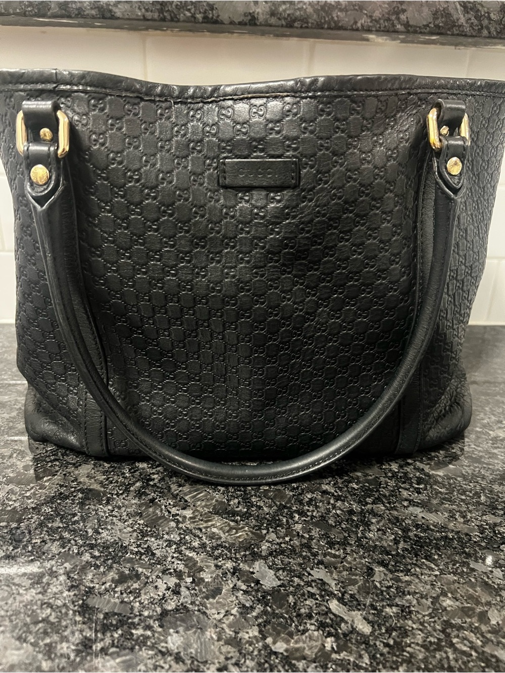 Gucci Black Embossed GG Leather Tote with Gold-Tone Hardware